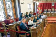 Pilar Vicente consulta el teléfono móvil en su escaño ayer, durante el Pleno de la institución provincial.-EL MUNDO