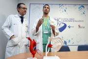 El jefe de cardiología del Clínico, el doctor San Román (I), junto al doctor Amat (D), muestran los modelos en 3D.-ICAL