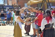 Un ave rapaz pasa entre los brazos de un grupo de voluntarios en la demostración de cetrería, ayer en Villalba.-S. G. C.