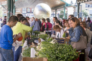 Mercado de la plaza de España bajo la marquesina sobre la que se montará una cubierta vegetal .-E. M.