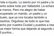 Uno de los hijos de JavierLeón de la Riva despide en las redes sociales la etapa de su padre al frente de la Alcaldía alabando su gestión y alegrándose de recuperar el tiempo para pasar con él. Señalando que aunque el Ayuntamiento pierda un alcalde, su f-