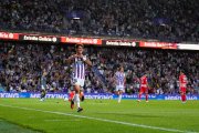 Maroto celebra el gol marcado al Almería en el 3-1 de la primera vuelta.