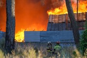 Las llamas devoran la fábrica de palés de Valladolid.