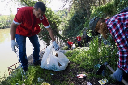 Voluntarios de 'Ama el Pisuerga' recogiendo basura en el manantial que está junto al callejón de Alcoholera.
