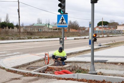 Un trabajador de Toyrsa realiza comprobaciones en el carril bici del camino viejo de Simancas.