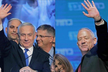 El primer ministro israelí, Binyamin Netanyahu (izquierda), y el líder del partido Azul y Blanco, Benny Gantz.-AFP