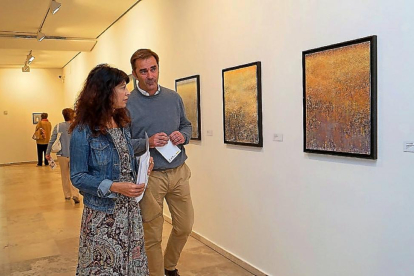 La concejala de Cultura, Ana Redondo, y  Pablo Giménez contemplan algunas de las obras expuestas en la Sala 0 del Museo Patio Herreriano.-C.A.