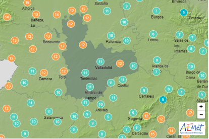Mapa de la web de AEMET mostrando las temperaturas en la provincia de Valladolid hoy martes a las tres e la tarde. -AEMET