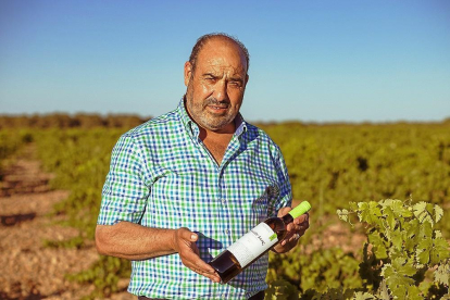 Javier Sanz muestra una de sus elaboraciones en su viñedo.-LA POSADA