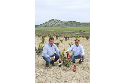Los hermanos Carlos y Pablo González López posan con varias botellas del rosado y tinto Mucy, en el pago Camino del Monte-EL MUNDO