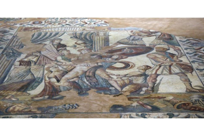 Mosaico ‘Aquiles descubierto por Ulises en Skyros’ situado en el oecus o salón principal de la villa palaciega romana.-L.P.