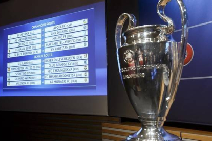 El cuadro del sorteo de la Champions, detrás del trofeo.-Foto: AP / SALVATORE DI NOLFI