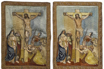 Estado del banderín de la Cofradía de la Crucifixión ‘Longinos’ antes y después de la restauración.-EL MUNDO