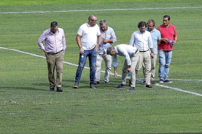 Luis Gil, de LaLiga, agacahado, observa el césped junto a representes del Real Valladolid y Sport Relva.-J.M. LOSTAU