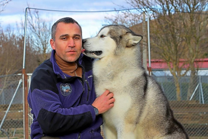 José Iglesias posa junto a uno de sus perros malamute en Zamora.-J. L. C.