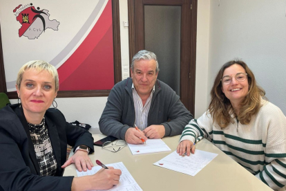 Loreto Sancho, Tinín Alonso y Teresa Álvarez, firmando el convenio en la territorial de Balonmano. / EL MUNDO