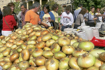 A la izquierda, compradores y curiosos conversan ante un expositor de cebollas en Palenzuela (Palencia). Arriba, cebollas asadas preparadas para una degustación.-BRÁGIMO