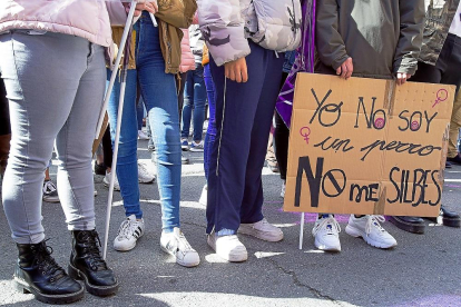 ÁVILA. Jóvenes junto a un cartel en defensa de los derechos de la mujer. ICAL