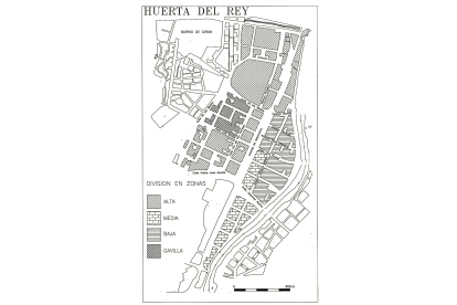 Plano de Huerta del Rey con la actual división estadística municipal en un plano del Departamento de Planeamiento y Gestión Urbanística. AYUNTAMIENTO DE VALLADOLID