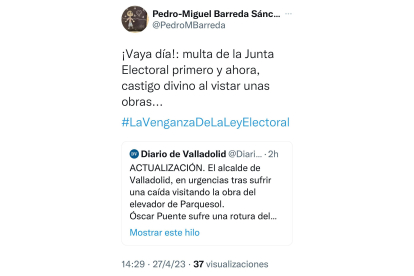 Pantallazo del tuit de Pedror Miguel Barreda mofándose del accidente de Puente.-E. M.