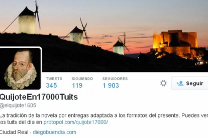 Perfil de Twitter en el que Diego Buendía está retatando El Quijote en 17000 tuits.-Foto: TWITTER