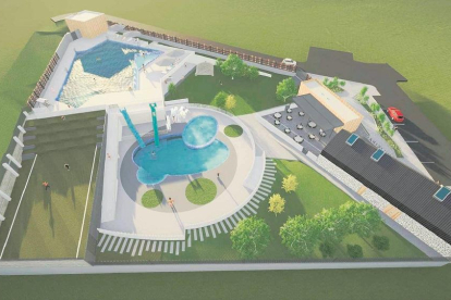 Recreación virtual de las piscinas municipales de Villanubla, con un nuevo vaso en el solar de la plaza de toros.-A.V.