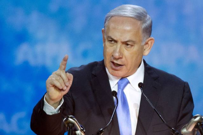 El primer ministro israelí, Binyamin Netanyahu, dirigiéndose a los miembros del principal lobi judío de EEUU.-Foto:   Cliff Owen / AP / CLIFF OWEN