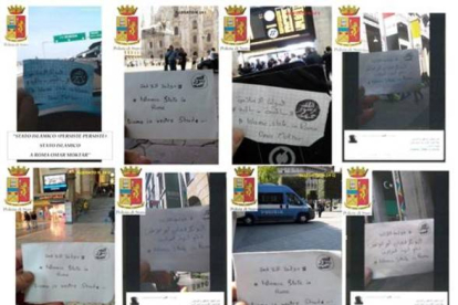 Fotos hechas por los detenidos con mensajes del Estado Islámico ante monumentos en Italia.-