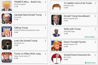 Una muestra de los cientos de aplicaciones sobre Donald Trump disponibles en Play Store.-