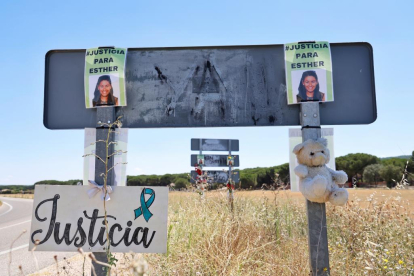 Carteles, flores y fotos en la cuneta de la carretera de Traspinedo donde aparecía el cadáver de Esther López el 5 de febrero de 2022.-PHOTOGENIC