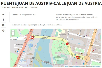 Imagen de los cortes de tráfico que se producirán en torno al puente y calle Juan de Austria.- TWITTER POLICÍA VALLADOLID