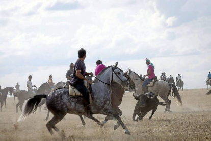 Un toro se escabuye entre los caballistas en el encierro.-M.Á. Santos