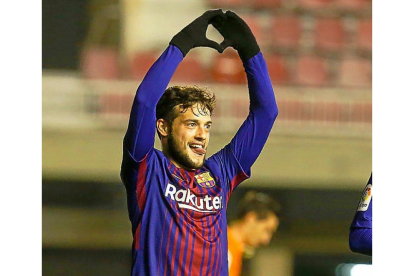 El ex blanquivioleta Jose celebra uno de sus goles con el Barcelona B en Segunda División.-LALIGA