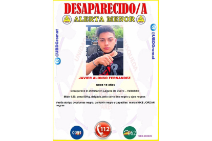 Cartel de  UBDGREMAT sobre la desaparición de un menor de 15 años en Laguna de Duero, Valladolid. -E.PRESS