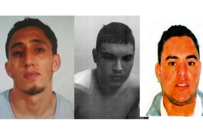 De izquierda a derecha, los tres principales procesados por los atentados de Catalunya de agosto de 2017: Driss Oukabir, Mohamed Houli Chemlal (al poco de ser rescatado por los bomberos tras la explosión del chalé de Alcanar) y Said Ben Iazza.-EL PERIÓDICO