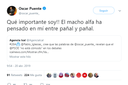 Tuit de Óscar Puente en el que responde a las palabras de Pablo Iglesias-TWITTER