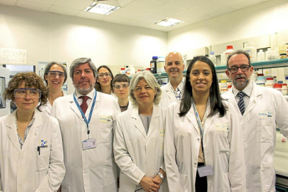 De izquierda a derecha: Miriam Royo, Antoni Torrens, Carmen Almansa, Pilar Gil, José Miguel Vela e investigadores de la Unidad Mixta Esteve-PCB.-