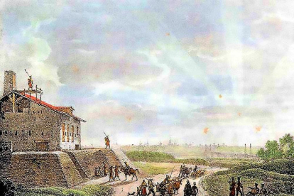 Casa fortificada por los franceses en la Cuesta de la Maruquesa durante la invasión gala.-ÓLEO DE G. ENGELMANN