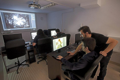 Un profesor explica una duda a un estudiante en el centro de formación iVisual, situado en la calle Juan Mambrilla.-J.C. Castillo