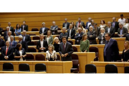 Senadores de la oposición de pie, en protesta por la ausencia de miembros del Gobierno en el Senado.-JOSE LUIS ROCA