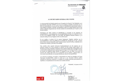 Escrito dirigido por el PSOE al secretario general del Ayuntamiento-El Mundo