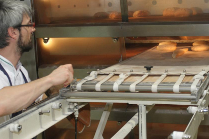 Un operario introduce panes en una máquina en el centro tecnológico Cetece de Palencia.-MANUEL BRÁGIMO