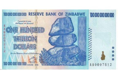 Billete de 100 trillones de dólares de Zimbabue.-