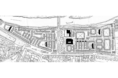 Plano del proyecto urbanístico del Cuatro de Marzo, de pricipios de los años 50, con los dos grupos, a un lado y a otro de la plaza del Doctor Quemada. ARCHIVO MUNICIPAL
