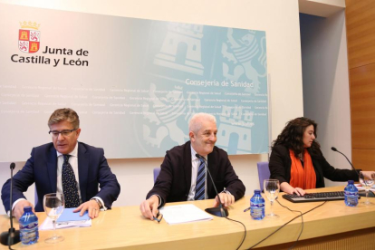 Rafael López, Agustín Álvarez Nogal y Sonia Tamames presentan el programa de vacunación prenatal.-Ical
