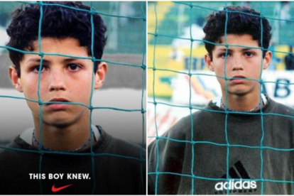 La campaña de Nike se basa en una foto de un joven Cristiano Ronaldo con una sudadera de Adidas-