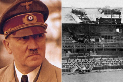 Hitler, junto a una imagen de los daños en la pista central de Wimbledon por el bombardeo de la aviación nazi.-ARCHIVO