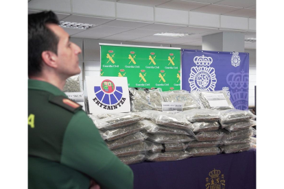 Los 155 kilos de cogollos de marihuana expuestos ayer en la Delegación del Gobierno. ICAL