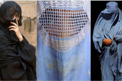 Una mujer con niqab (derecha) y las otras dos con el burka.-AFP