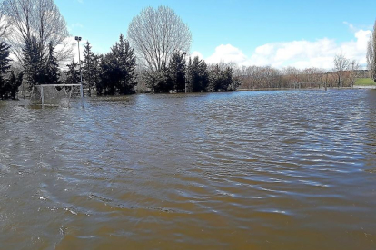 El desbordamiento del Adaja inunda el campo de fútbol de la zona de Santiago, en la ciudad de Ávila.-ANTONIO GARCÍA